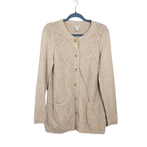 L.L. Bean Beige Fisherman Minimalist Wardrobe Staple Cardigan Sweater Medium - Picture 1 of 14